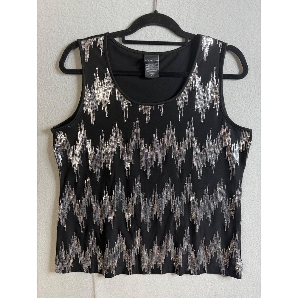Covington Top Women's Large Black Sequin Zigzag Sleeveless‎